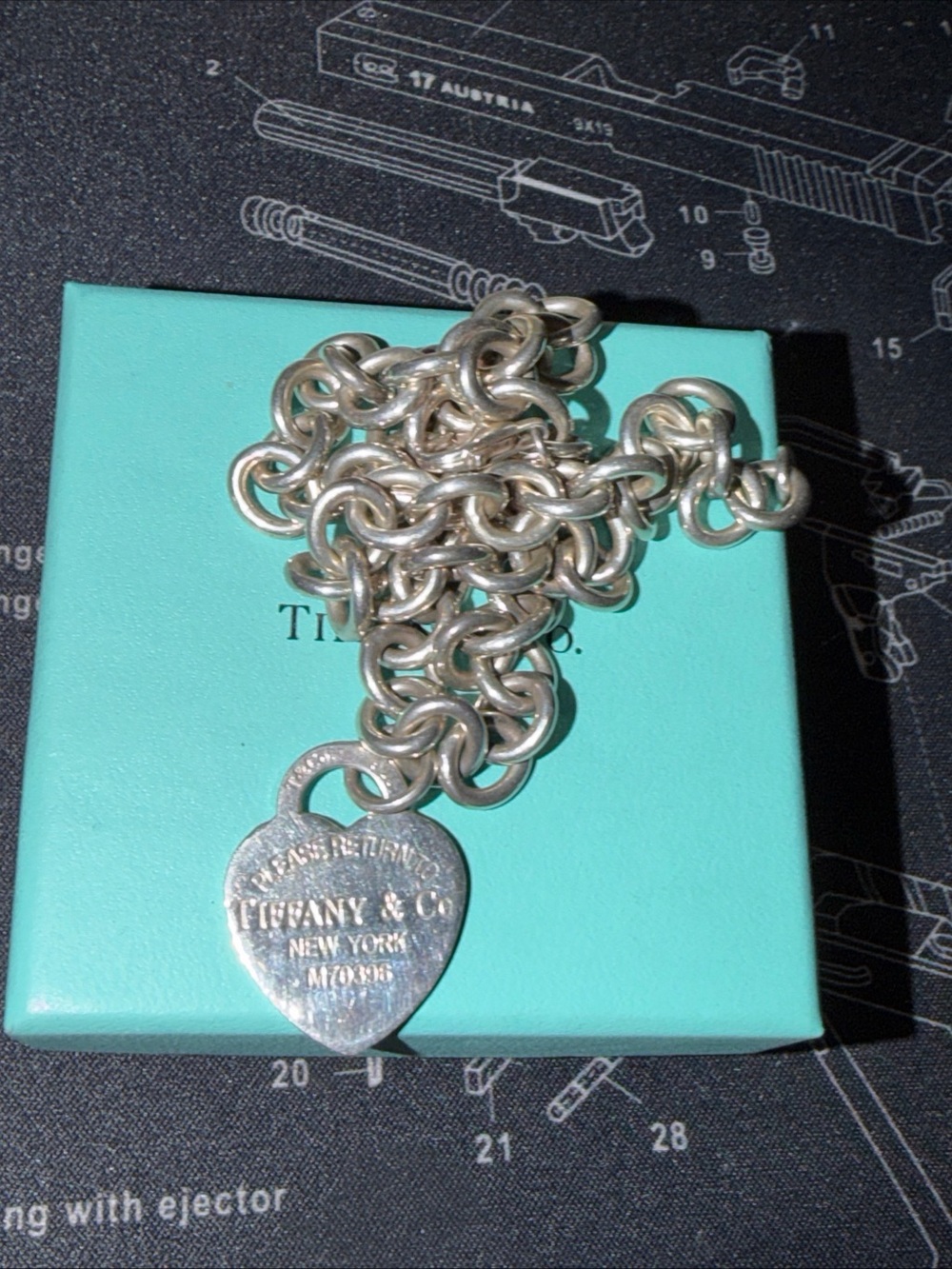 Tiffany & Co. Silver Heart Tag Charm Bracelet with Blue Box